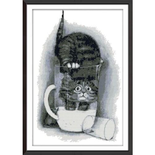 Joy Sunday Cartoon Greedy Cat Animal Paintings11&14CTCounted And Stamped Modern For Home Decoration Accessories Cross Stitch Kit