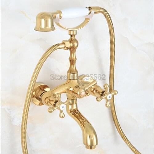Luxury Gold Color Brass Bath Shower Faucet Set Dual Handle Wall Mounted Clawfoot Bath Tub Faucet Shower Mixer Tap lna801