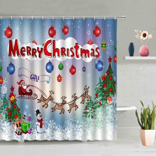 Christmas Shower Curtain Santa Claus Christmas Tree Red Christmas Ball Elk Party Background Decor Cloth Bathtub Screen Washable