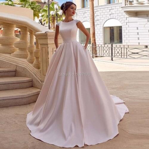 Pink Satin A Line Wedding Dresses Cap Sleeves Sleeveless Lace Appliques Bridal Gown Sweep Train Button Illusion Vestido De Noiva