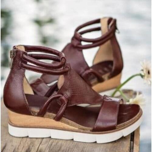 Summer Women Sandals Open Toe Wedge Shoes Round-Toe Ankle Strap Casual Roman Style Solid Color Female Sandal Plus Size Mujer