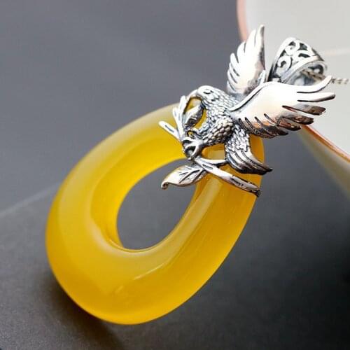 Silver Jewelry Wholesale Natural Yellow Chalcedony S925 Sterling Silver Retro Thai Silver Fashion Male And Female Pendant