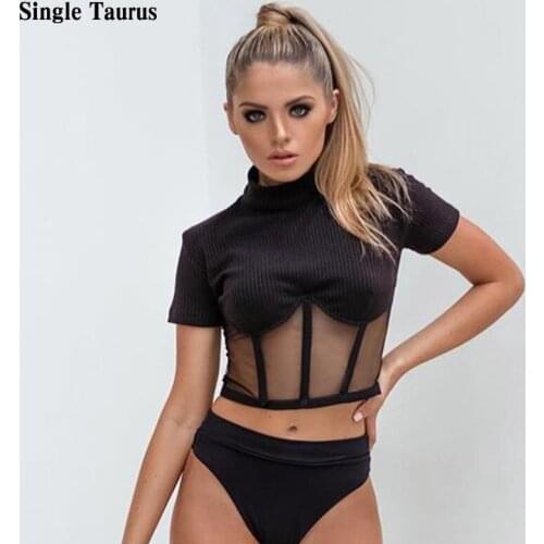 Sexy Patchwork Mesh Skinny Shirts for Women 2020 Summer Shorts Sleeve Turtleneck Black Harajuku Woman Tshirts Short Crop Top