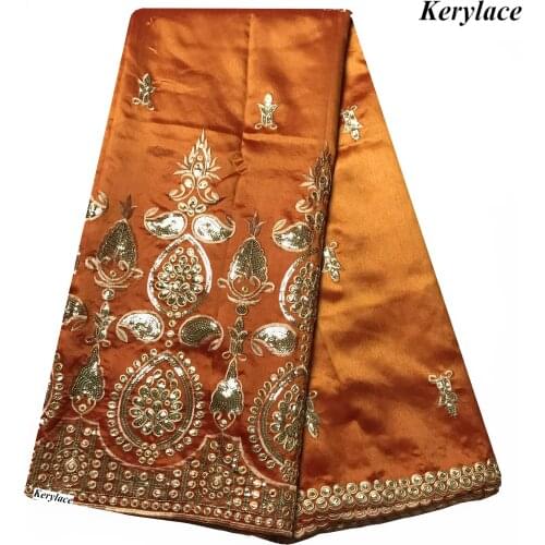 High Quality Orange Raw Silk DIY Sewing Cotton Material African George Lace Nigerian Sequince Fabric 5 Yards Clothes KRL-91916