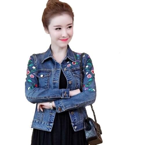 2021 New 5XL Plus Size Floral Women Denim Coat Embroidery Short Basic Ladies Jean Jacket Slim Flower Outwear Jackets