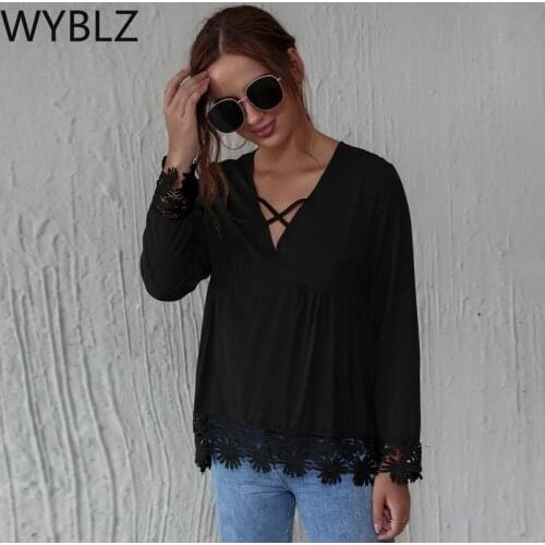 WYBLZ Fashion Lace Stitching Blouse Shirt Sexy V-Neck Tops Tee Casual Autumn Ladies Female Women Long Sleeve Blusas Pullover