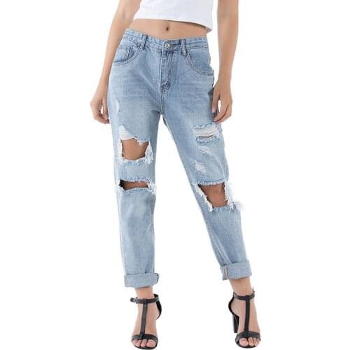Womens Fitting Light Blue Jeans High Waist Straight Trousers Casual Daily Wild Streetwear Hole Ripped Pants with Pockets Large