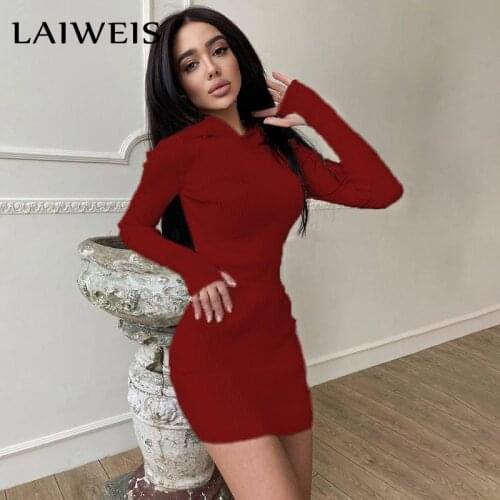 LAIWEIS Spring Autumn Women Casual Long Sleeve Clothing O-Neck Knitting Solid Dresses Pullover Hooded Slim Cotton Mini Dress