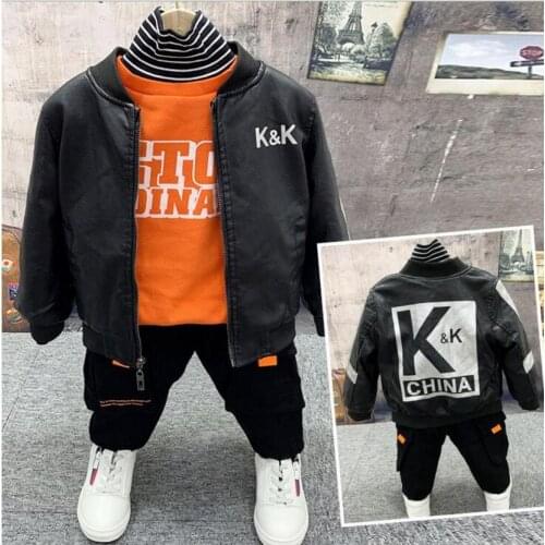 Winter Children Boy Clothes Kids Clothes Sets Boy PU leather coat,Sweater,pants Suit Clothing Set Baby boys Sport Suits 2-6year