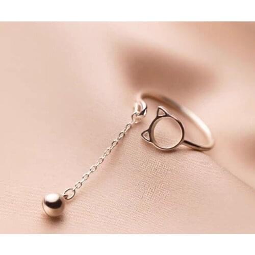 2021 Hot Sale New Style Cute Cat Woman Round Bead Pendant Ring Kitten Bell Simple Adjustable Ring Charm Women Daily Wear Jewelry