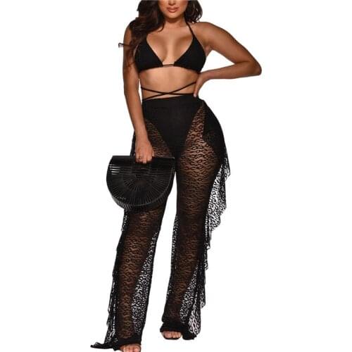 2021 High Elastic Waist Ruffles Cover-Ups Women Mesh Sheer Fishnet Pant Trousers Bikini Cover Up Beach Bathing Suit