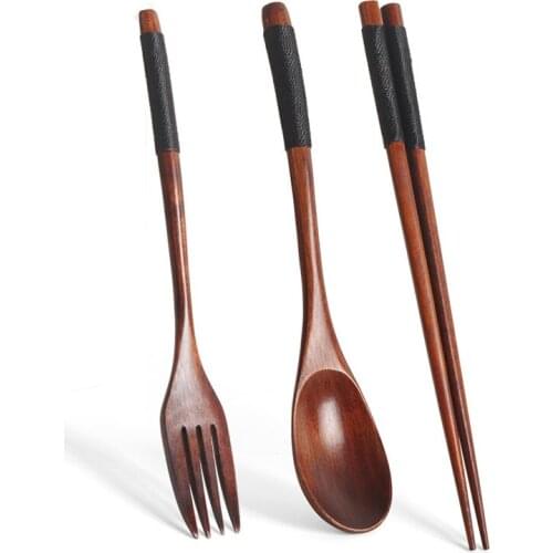 6 Pcs Wooden Flatware Set, Wooden Portable Set Chopsticks Spoon Fork Tableware Dinnerware with Black Twining Thread