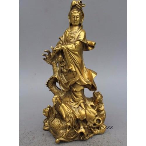 9" China Buddhism Brass Kwan-Yin Hold Bottle GuanYin Ride Dragon Lotus Statue