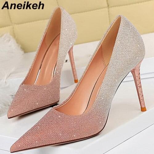 Aneikeh NEW 2021 Spring/Autumn PU Stiletto Heels Pumps Mixed Colors Classics Bling Rome Pointed Toe Slip-On Ladies Wedding Shoes