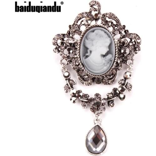 Baiduqiandu Water Drop Vintage Style Head Statue Cameo Brooch Rhinestone Enamel Brooch for Women Retro Party Gift Brooches