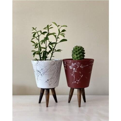 Wooden Legs Marble Pattern White And Burgundy Flower Pot 10cm 2'li