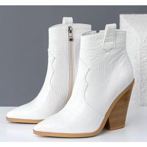 2021 Ankle Boots Women Pu Leather Wedges High Heels Western Boots Pointed Toe Zipper Fashion Autumn Winter Womens Shoes