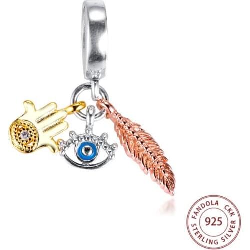 Fit Pandora Bracelet 925 Sterling Silver Hamsa All-seeing Eye & Feather Spiritualit Charms Beads DIY Jewelry Making berloques