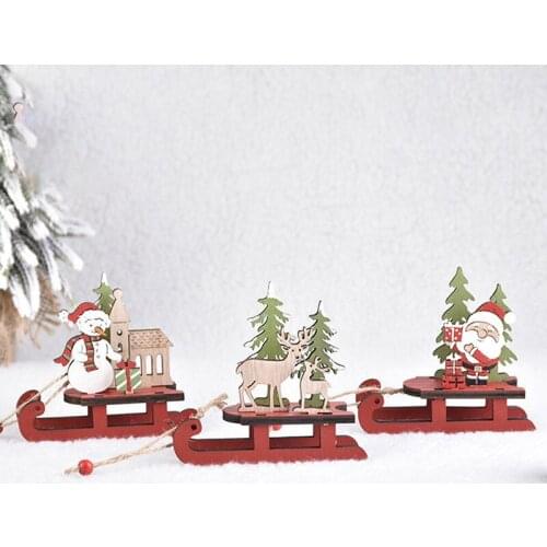 Wooden Sleigh Christmas Ornaments / Wooden Christmas Home Decor / Snowman And Elk Cartoon Christmas Decoration / DIY House