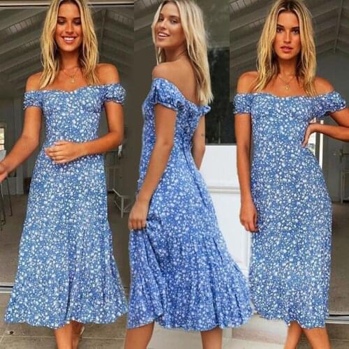 Long Dress Summer Women Sexy Lace Decor Off Shoulder Backless Slash Neck Short Sleeve Print Bohemian Holiday Slim A-Line Dress