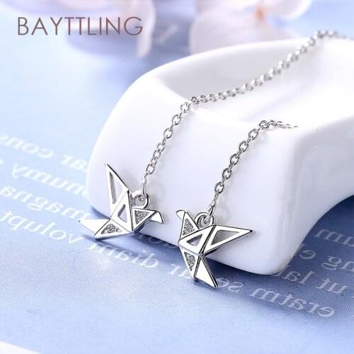BAYTTLING 100MM 925 Sterling Silver Elegant Origami Crane Long Tassel Zircon Drop Earring For Women Fashion Wedding Jewelry Gift