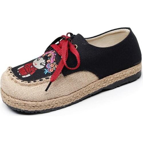 Cartoon Embroidered Women Handmade Linen Cotton Flat Platform Shoes Ladies Lace up Low Top espadrilles Sneakers Shoes