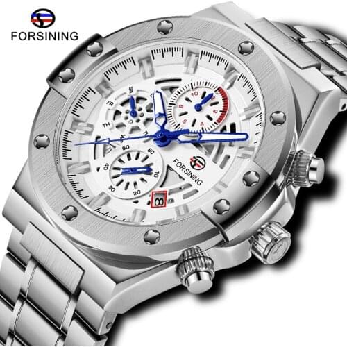 Forsining Men Mechanical Watch Silver Stainless Steel Chronograph Men Watch Luminous Hands Automatic Watch Relogio Masculin