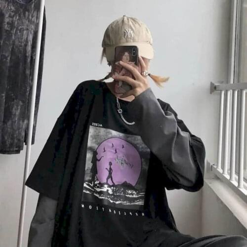 Long-sleeved t-shirt female early autumn new Harajuku bf style student Korean version of loose stitching fake two outer clothe