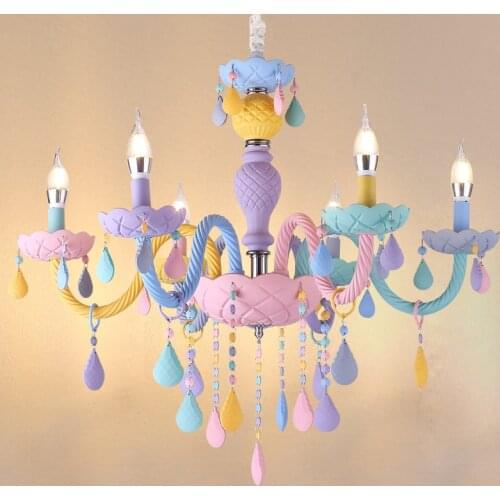 Rainbow Crystal Chandelier European Candle lustres Restaurant Bedroom Childrens Room American Girl Princess Makaron Lamps