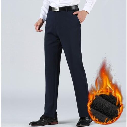 Classic Style Mens Winter Warm Straight Casual Pants Business Fashion Pure Color Stretch Fleece Thick Trousers Male Brand