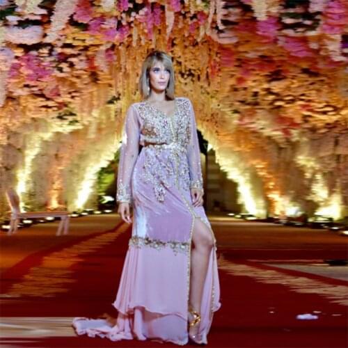 Sweet Pink Moroccan Caftan Evening Dresses See Thru Full Sleeve Shiny Beads Velour Muslim Dubai Saudi Arabic Evening Gown Custom