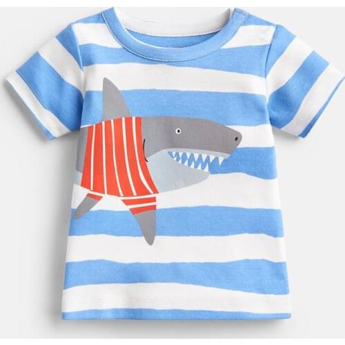 Little Maven New Summer Children Sky Blue Striped Shark Printed O-neck Short- sleeved 2-7 Cotton Knitted Boys Casual Tshirts Tee