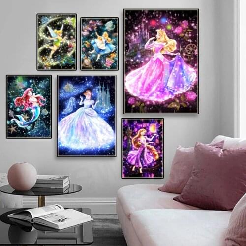 Disney Princess Elves Cartoon Poster Belle Tiana Watercolor Diamond Painting Prints Nursery Wall Art Kids Room Decor Gift