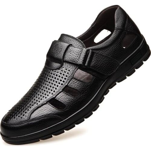 Mens Sandals 2021Summer New Hollow Velcro Hole Breathable Lightweight Non-slip Wear-resistant Beach Outdoor Leather Shoes
