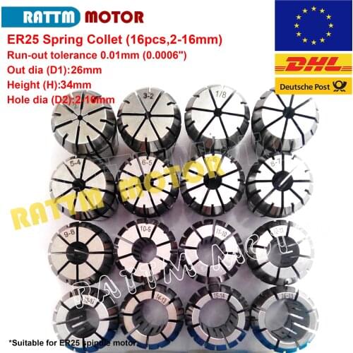 16 Pcs ER25 Spring Collet Set (2-16mm) tool holder for CNC milling lather tool spindle motor