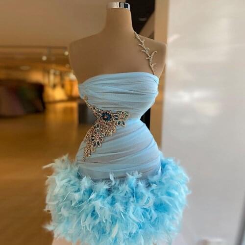 Sky Blue Sexy Elegant Evening Dress Tulle Strapless Feather Crystals Beaded Mini Dress Tulle A-Line Short Dress Prom Dress