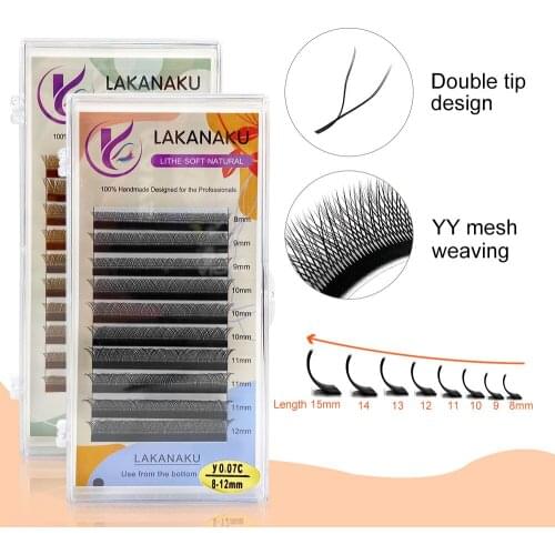 LAKANAKU Y Shape Eyelashes Extension 2D Long Stem Premade Fans Volume Lashes Tray D Curl Size Cilios Y