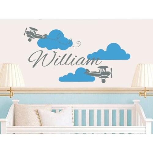 Custom Name Plane Wall Decal Biplane Clouds Wall Sticker Personalized Name Decor Vinyl Stickers Kids Room Nursery Mural Art A530