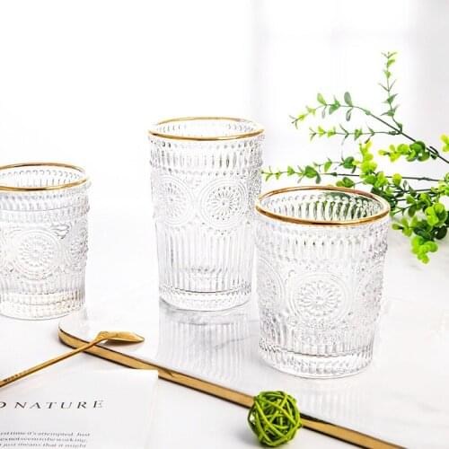 Vintage Transparent Tea Coffee Mug Ice Beer Cup Relief Glass Cup Heat Resistant Insulated Glass Cup Sun Flower Milk Juice Mug