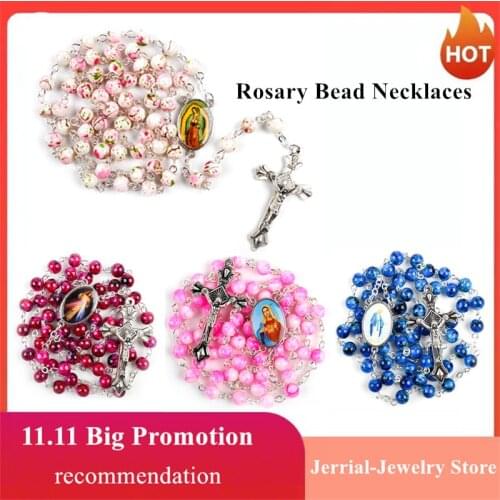 15 Style Vintage Round Bead Prayer Rosary Necklace Virgin Mary Jesus Stylish Catholic Religious Cross Necklace Womens Jewellery