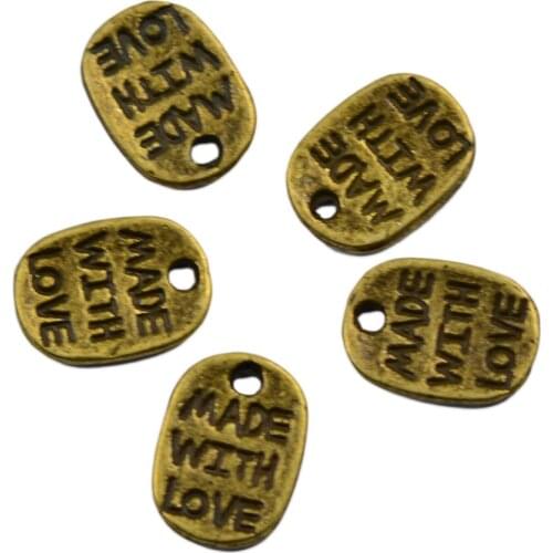 Vintage Bronze Oval Beads Made With Love Charms for Jewelry DIY Making Pack Of 50
