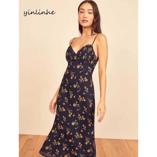 Yinlinhe Navy Floral Braces Long Dress Women Backless High Waist V Neck Sexy Summer Dress French Beach Dresses Vocation 2142