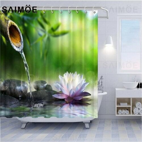 Zen Stone Shower Curtain Lotus Bathroom Decoration 3D Bamboo Running Spa Water Green Bath Curtains Waterproof Polyester Fabric