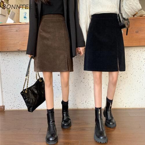 Skirt Women Large Size 4XL Corduroy Knee-length Side-slit Retro Simple All-match Streetwear High Waist Soft Ulzzang High Quality