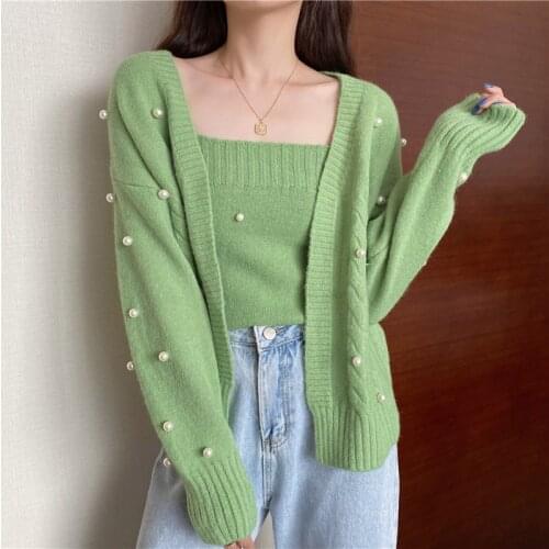 Anbenser Two Piece Set Women Loose Long Sleeve Knitted Cardigan and Camisole Tender Pearl Purple Fashion Sweater 2 Piece Outfits