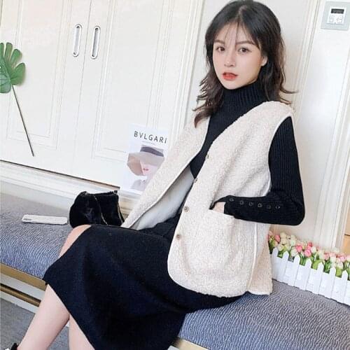 Female Cute Button Pocket Teddy Roll Waistcoat Women Autumn Winter Casual Solid Color Ladies Loose Waistcoat Street Vest Jacket