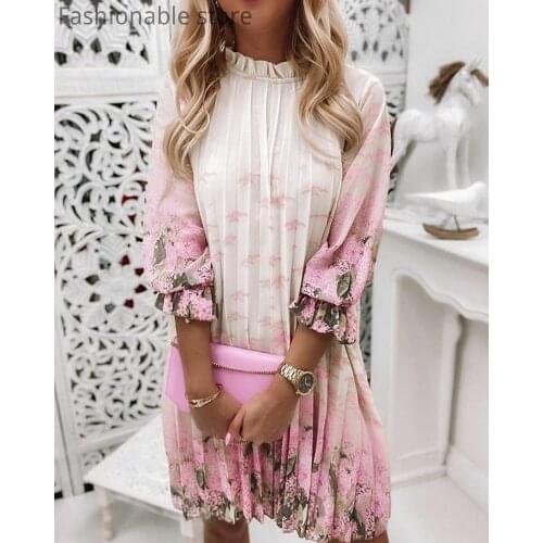 Women Floral Print Ruffle Trim Long Sleeve Pleated Dress