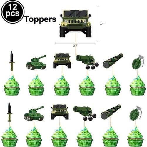 12Pcs Cupcake Decoration Treat Picks Kit Camo Hero Birthday Kids Boys Gift Army Military Camouflage Party Supplies