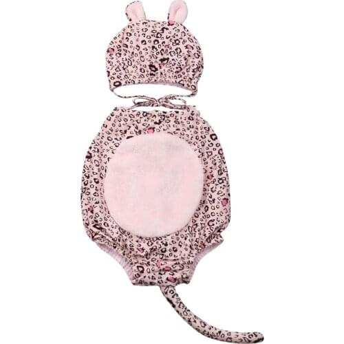 2pcs Newborn Baby Boy Girl Leopard Sleeveless Jumpsuit Bodysuit Sunsuit Hat Clothes Size 0-18M