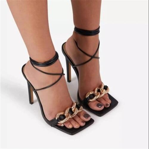 2021 new womens high heels metal chain decoration square toe high heels 42 large size sandals